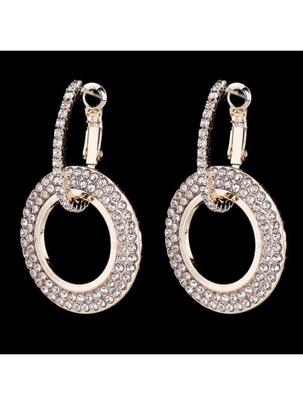 Rose Gold Bling Double Looped CZ Circle Hoops Dangling Earrings NWOT